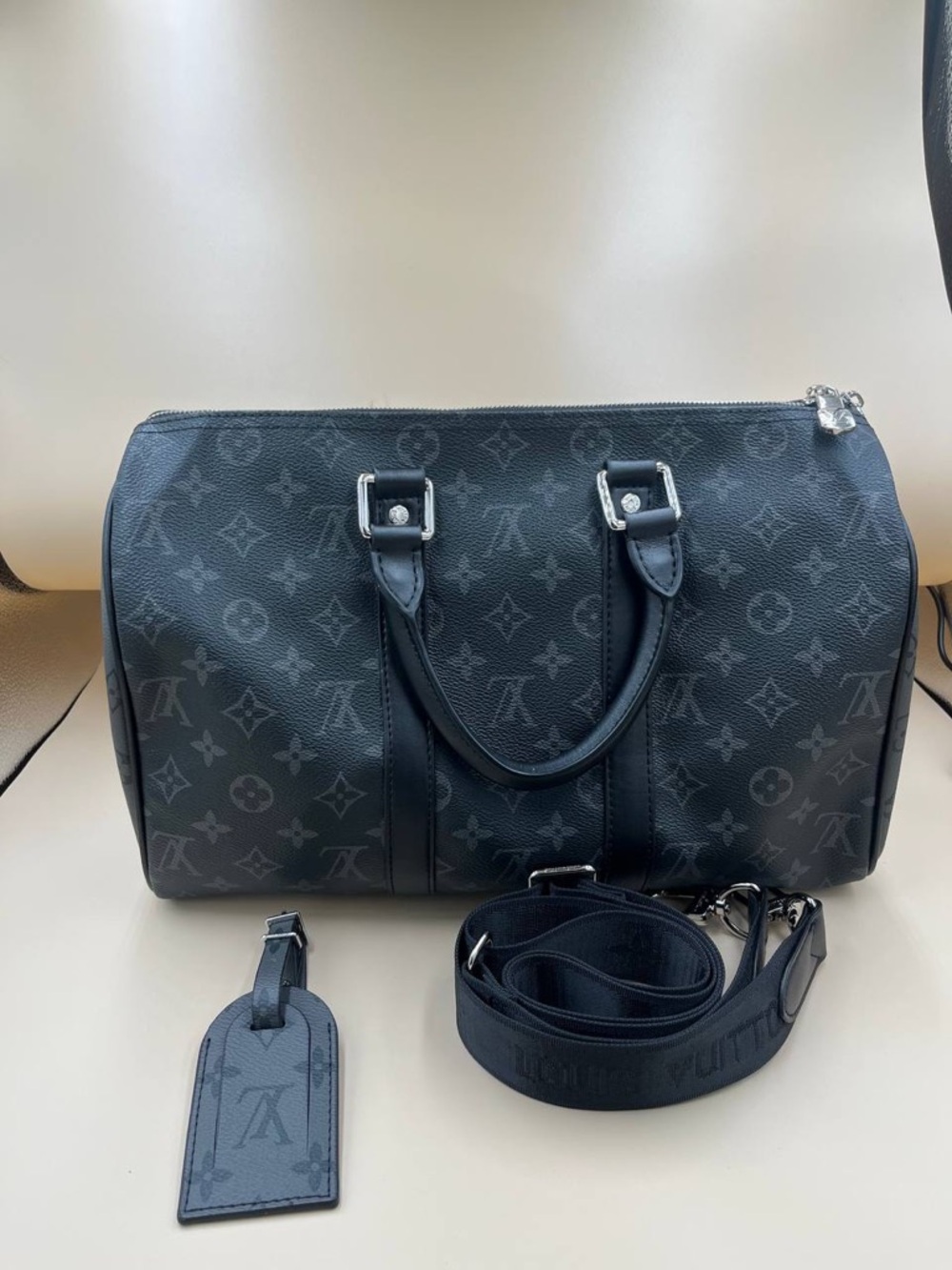 Black Monogram Canvas Duffel with Strap and Tag